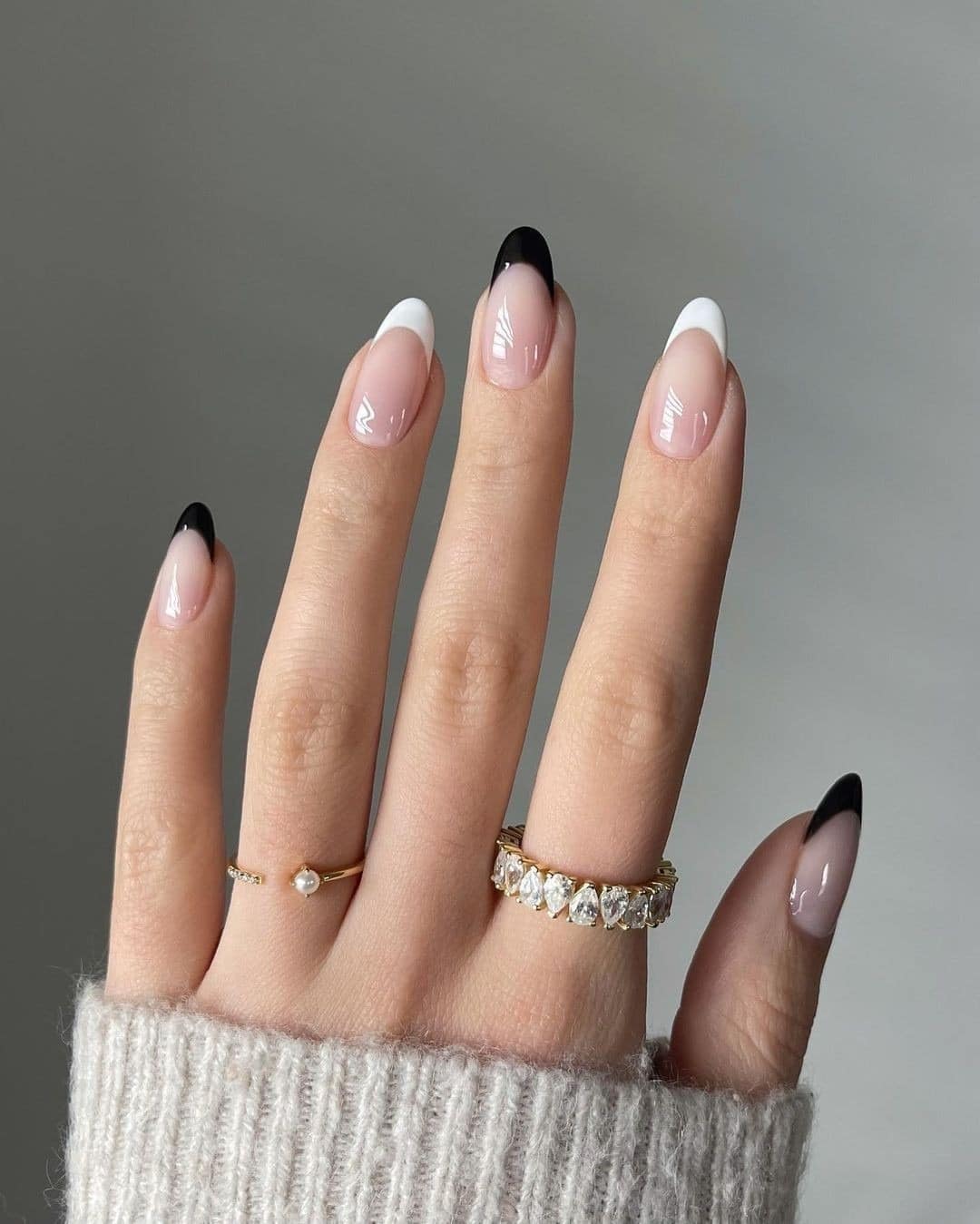 4. Monochrome French – Black and White Contrast - rounded nail ideas