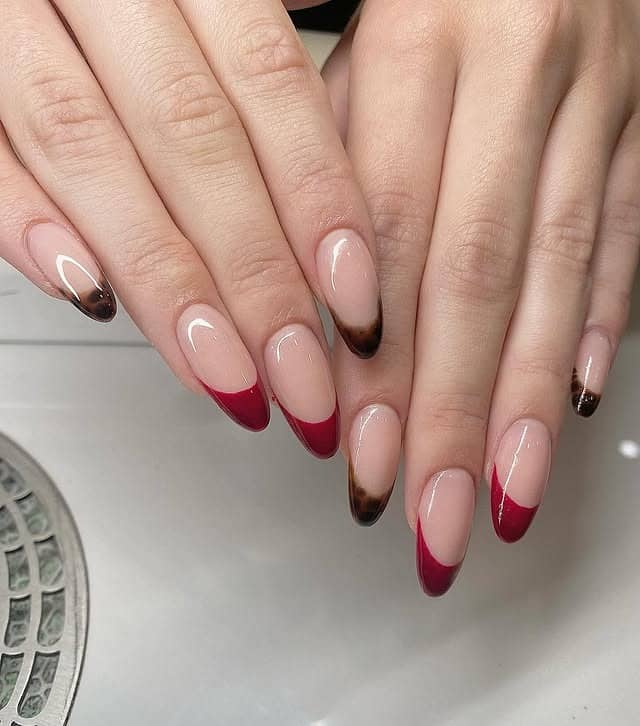 6. Dual Edge Chic – Red and Tortoise French Tips - rounded nail ideas