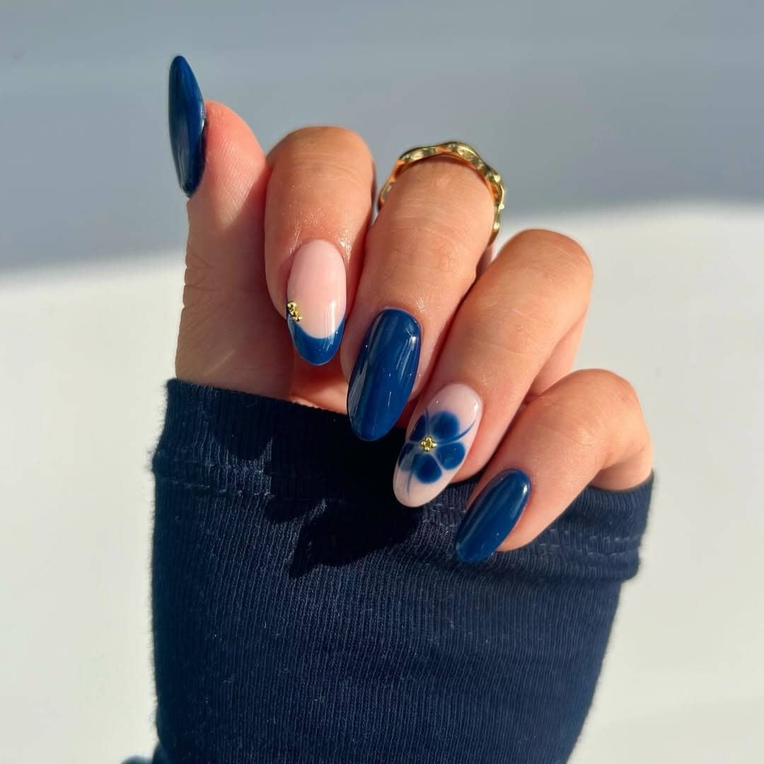 11. Midnight Bloom – Navy Blue Elegance - rounded nail ideas