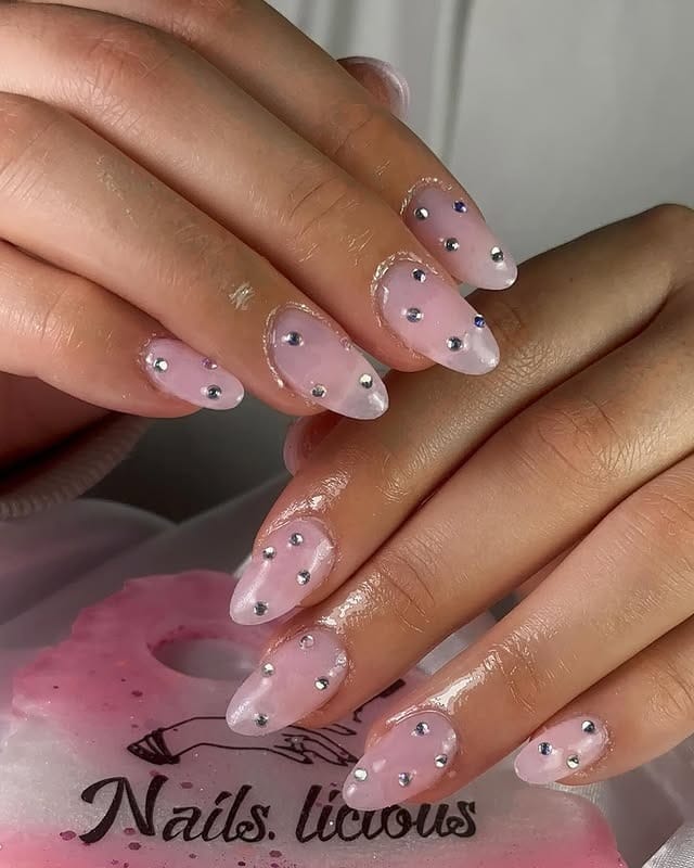 14. Crystal Dewdrops – Soft Pink with Studs - rounded nail ideas