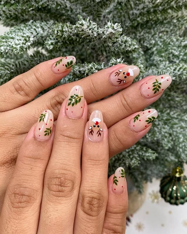 3. Reindeer and Holly Magic - short christmas nail ideas