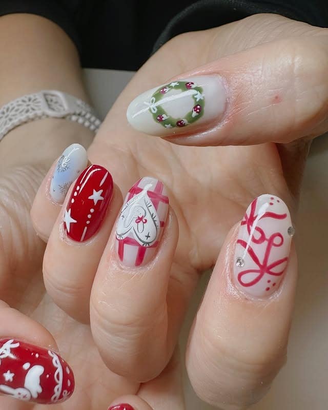 10. Festive Whimsy Art Mix - short christmas nail ideas