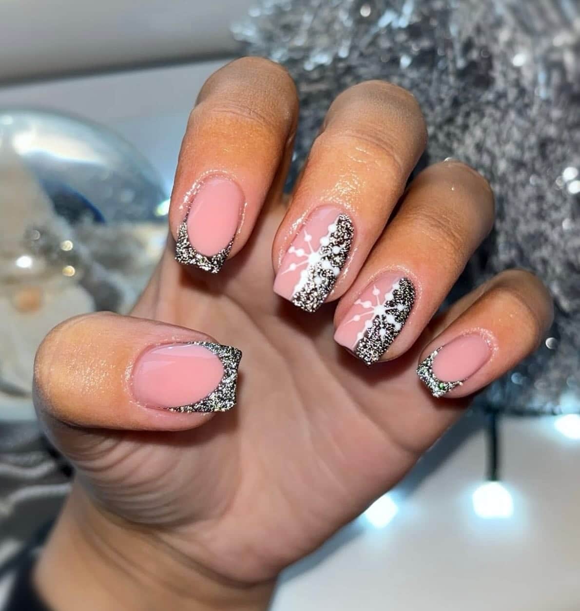 11. Silver Snowfall French Tips - short christmas nail ideas
