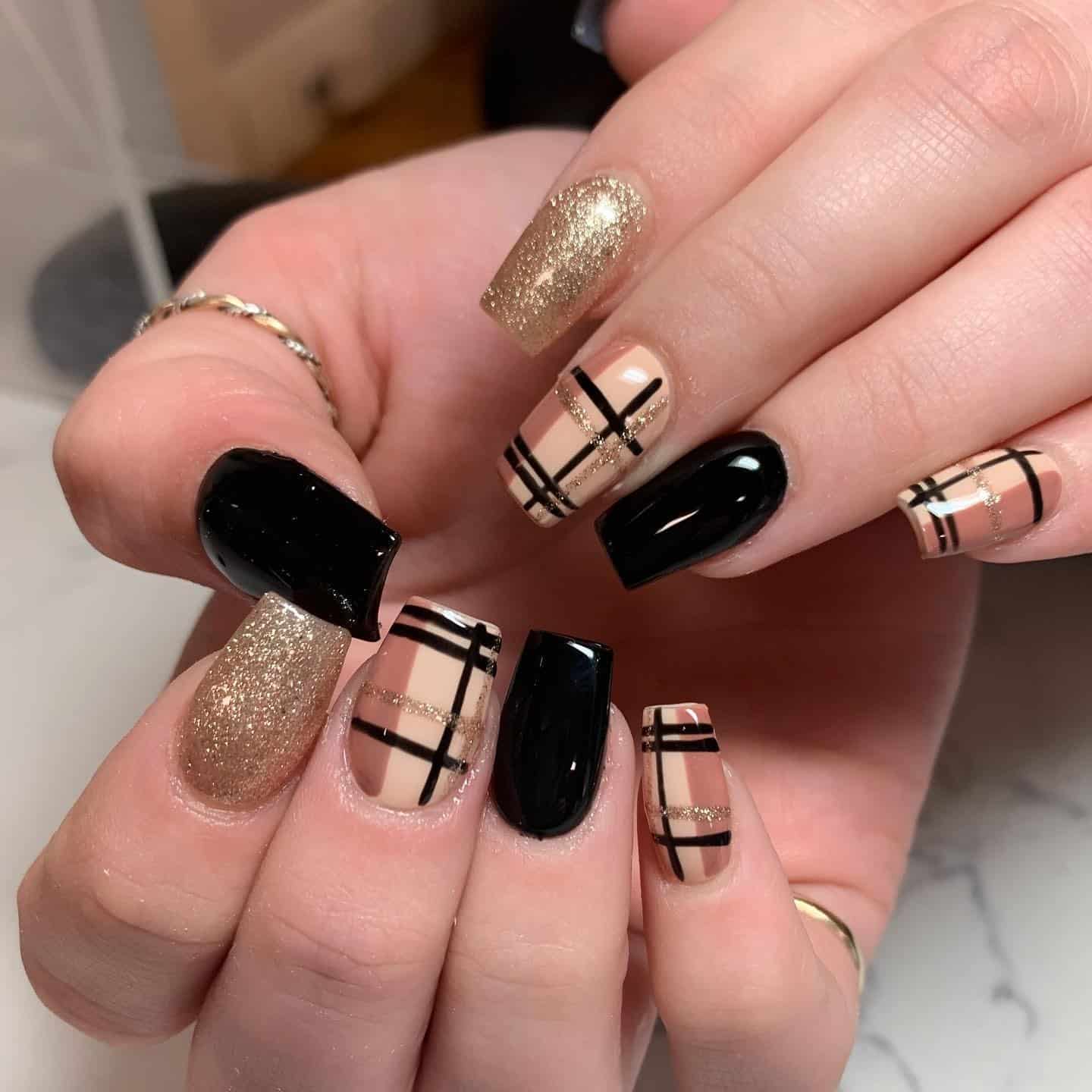 15. Golden Plaid Glam - short christmas nail ideas