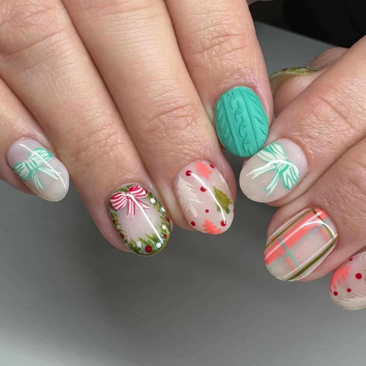 18. Cozy Bow and Knit Design - short christmas nail ideas