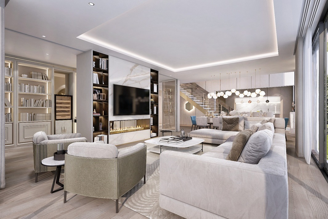 8. Contemporary Luxe with Marble Detail - open concept living room ideas