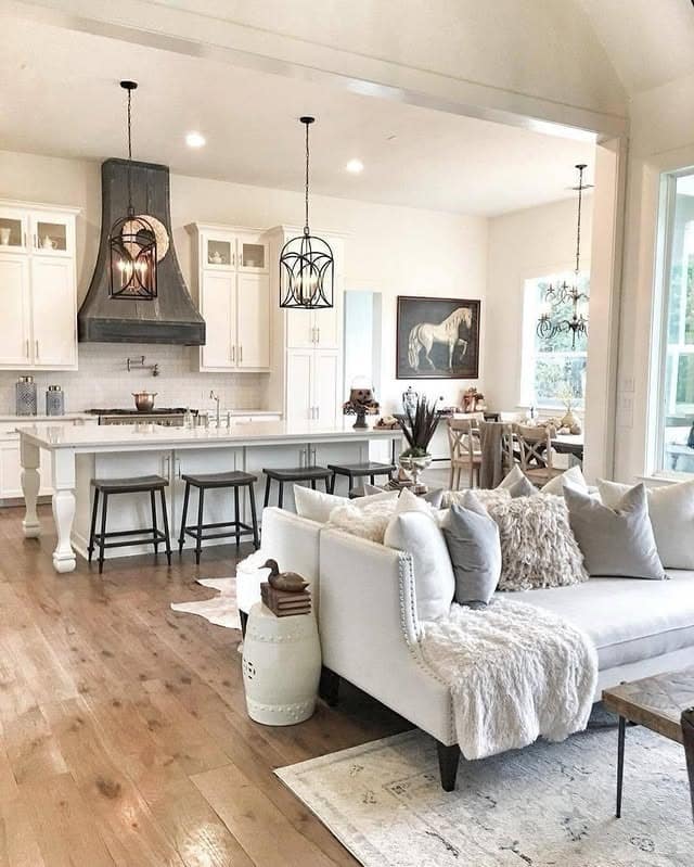 14. Modern Farmhouse Charm in Cream and Oak - open concept living room ideas