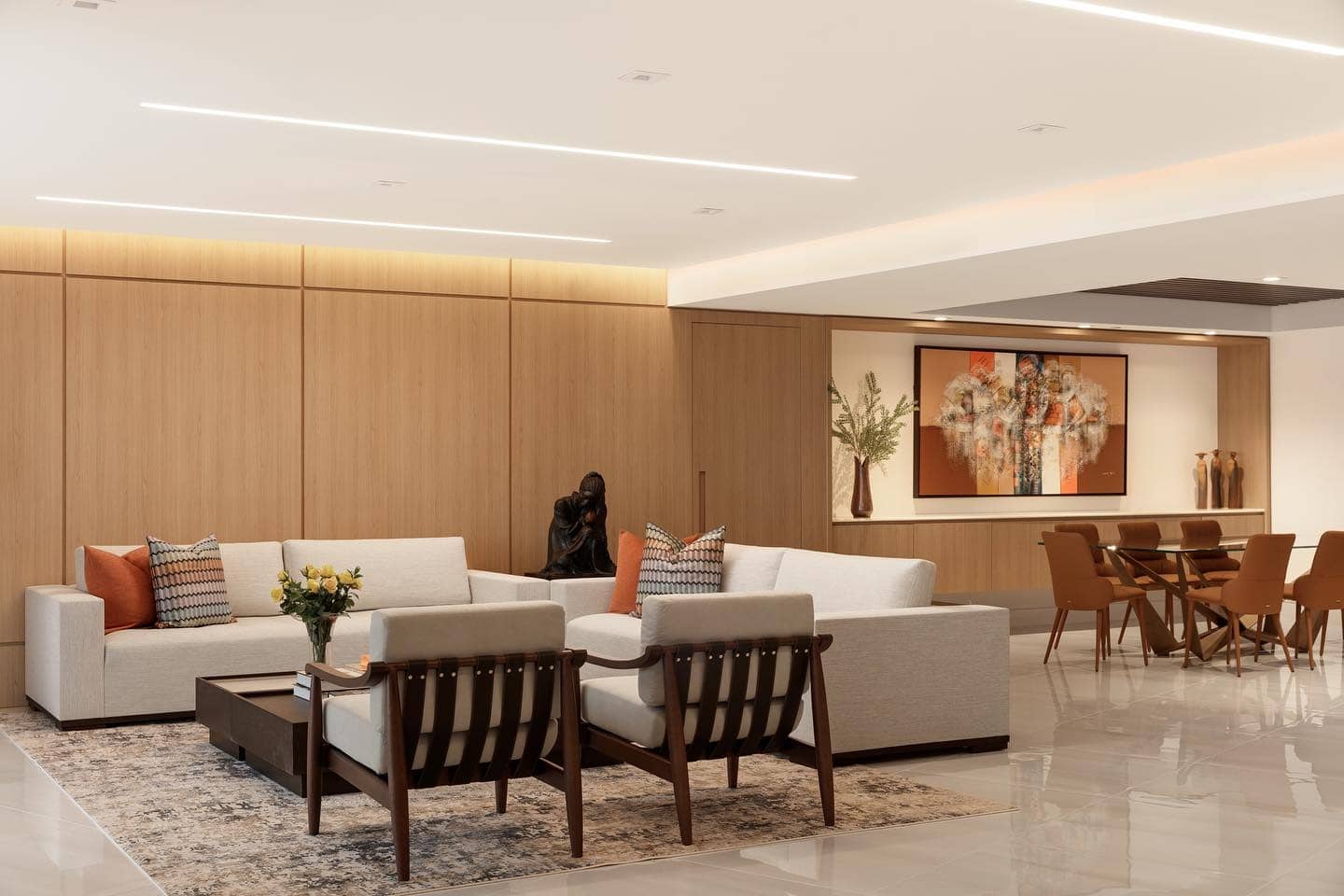 15. Contemporary Warmth in Tan and Walnut - open concept living room ideas