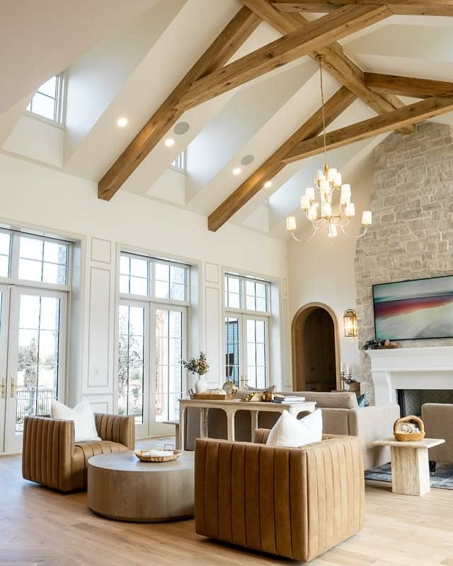 22. Warm Transitional Elegance in Neutrals and Wood - open concept living room ideas