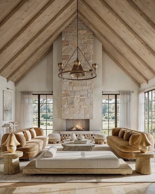 1. Modern Rustic Warmth with Vaulted Charm - fireplace living room ideas