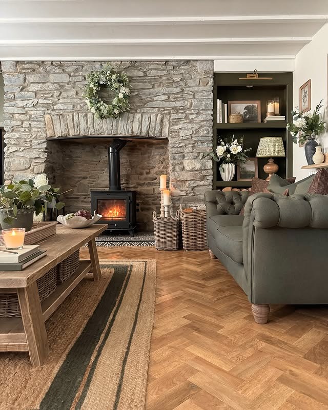 4. Cottage Stone Comfort - fireplace living room ideas