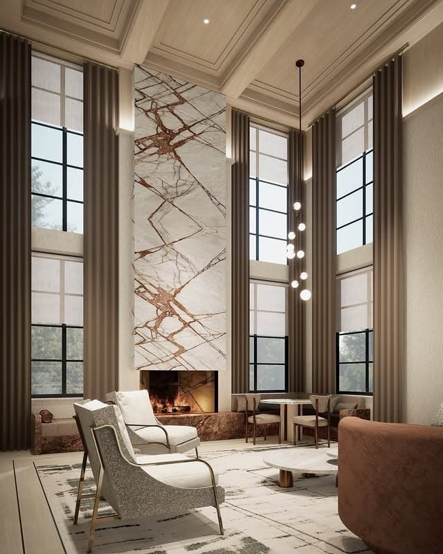 5. High-End Minimalism with Dramatic Scale - fireplace living room ideas