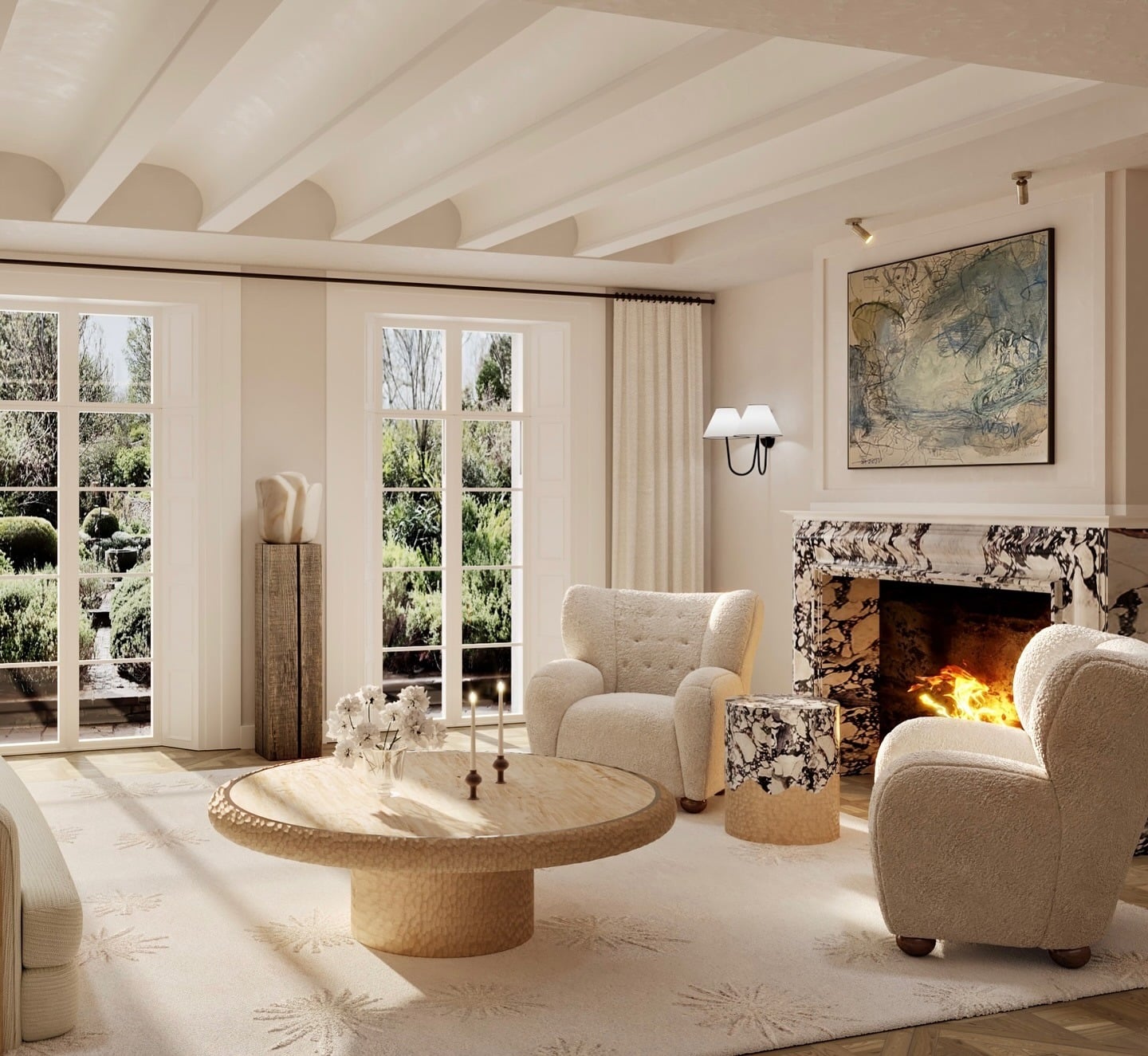 12. Soft Organic Luxe with Marble Accents - fireplace living room ideas