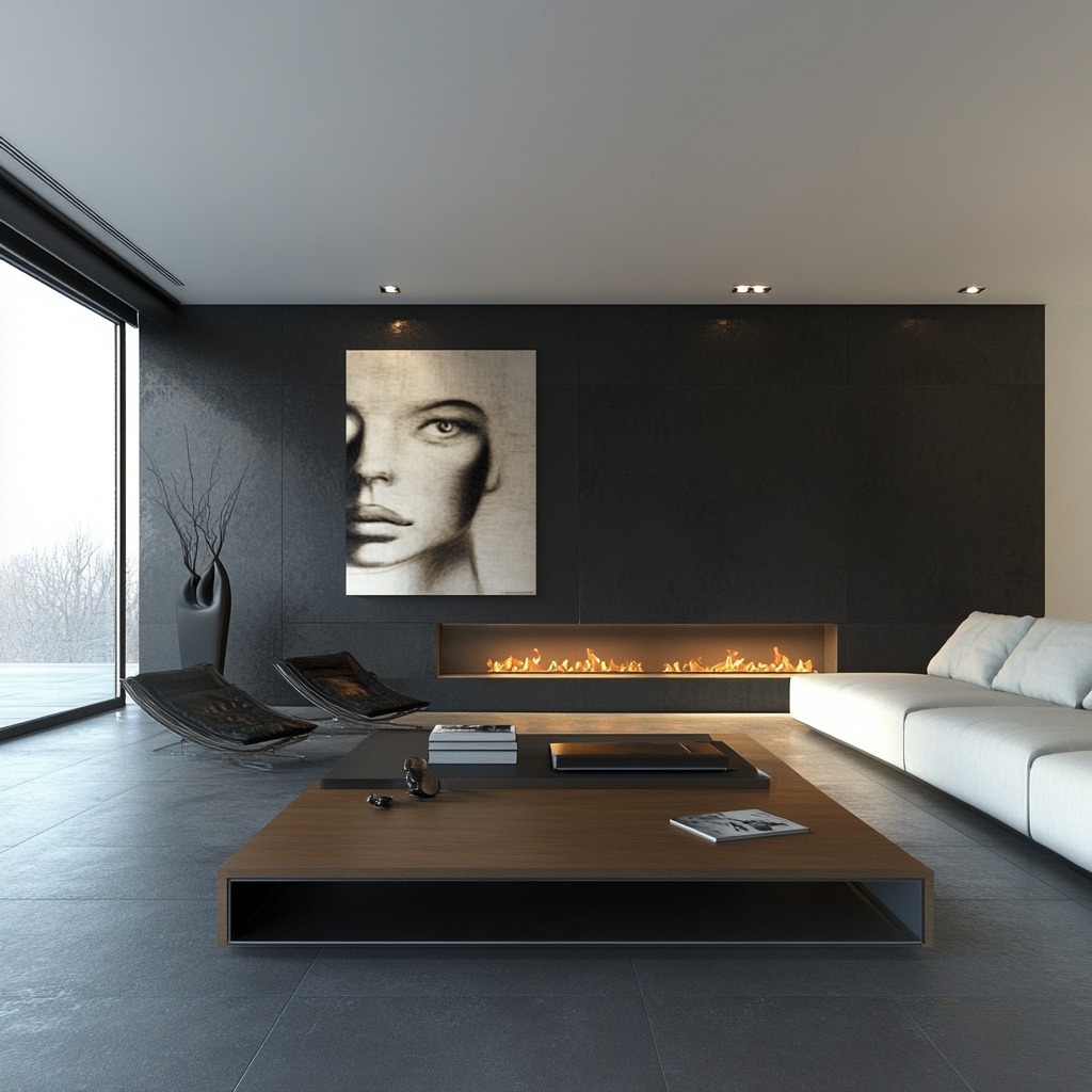 14. Sleek Monochrome Minimalism - fireplace living room ideas