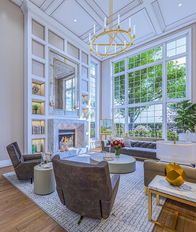 22. Grand Contemporary Glamour in Gold and White - fireplace living room ideas