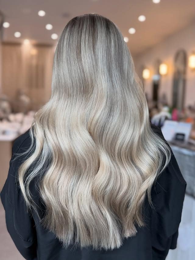 10. Silver Champagne Blend with Fluid Waves - Blonde Highlights Hair Color