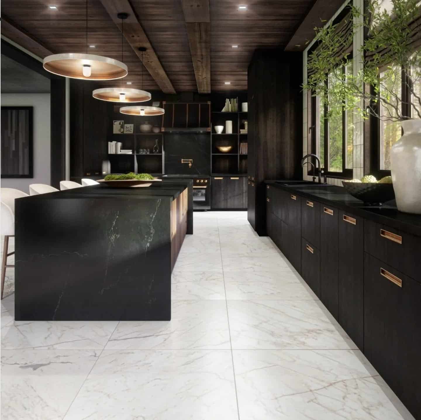 4. Moody Sophistication with Dark Stone and White Marble - white kitchen floor ideas