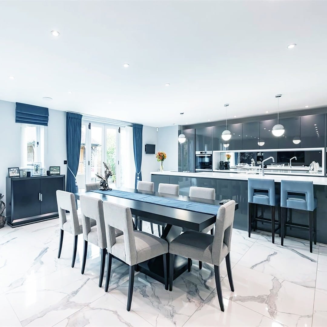 5. Polished Neutrals with Coastal Blue Tones - white kitchen floor ideas