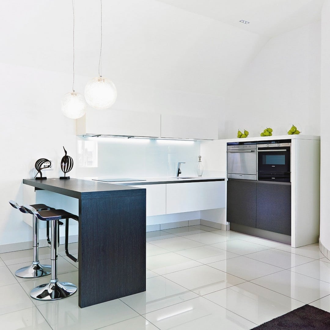 6. Minimalist Monochrome with Gloss Finish - white kitchen floor ideas