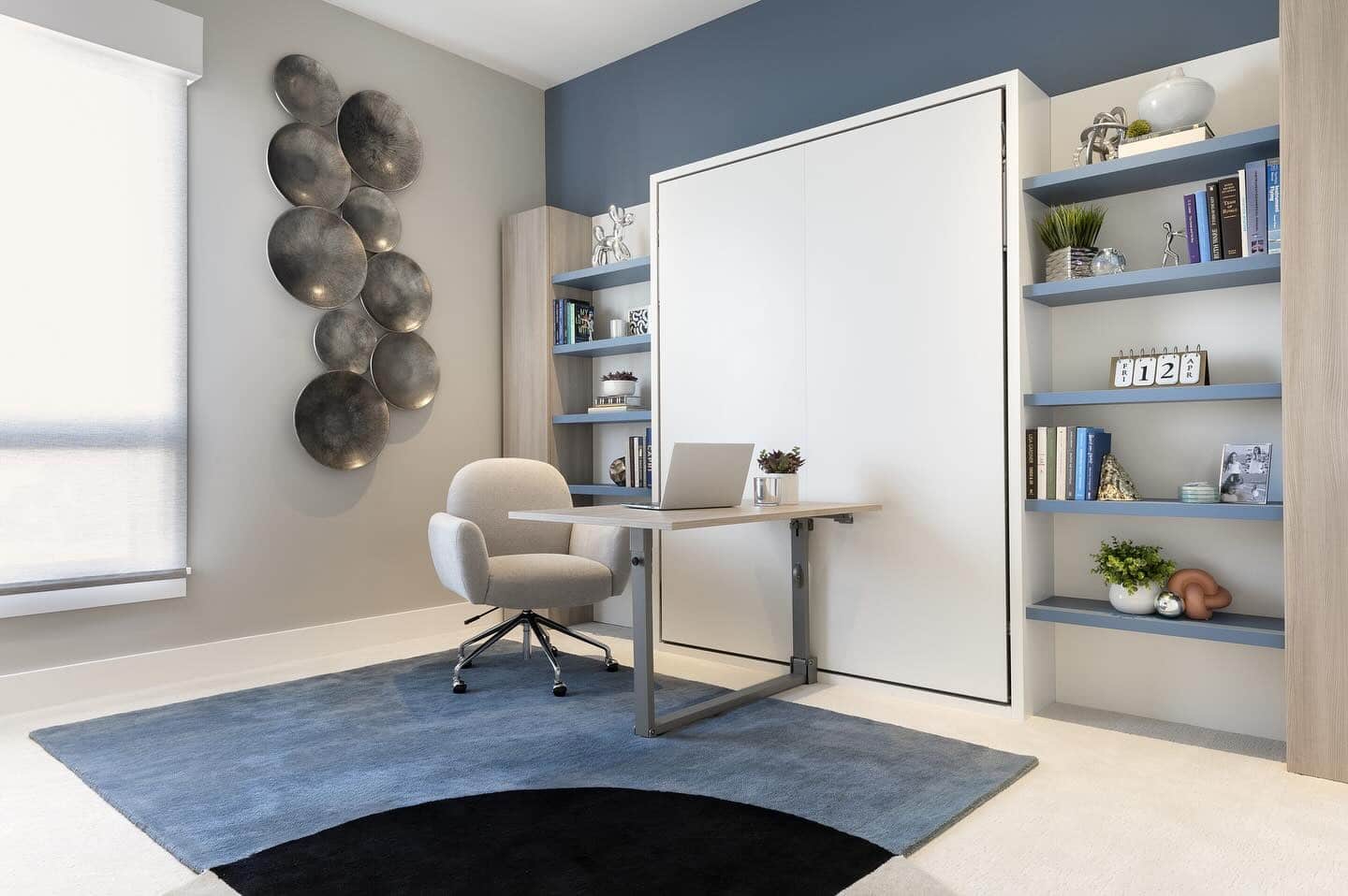 13. Cool-Toned Convertible Office - guest bedroom office ideas