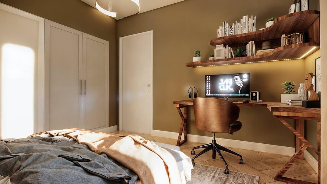 19. Golden Glow with Mid-Century Warmth - guest bedroom office ideas