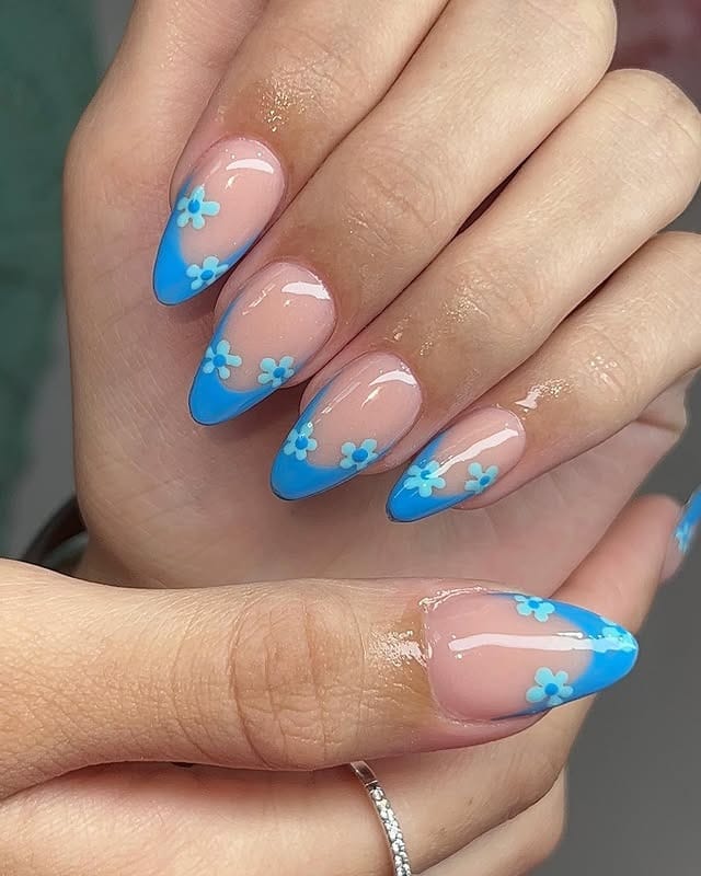17. Blue Daisy French Tips - short spring nail ideas