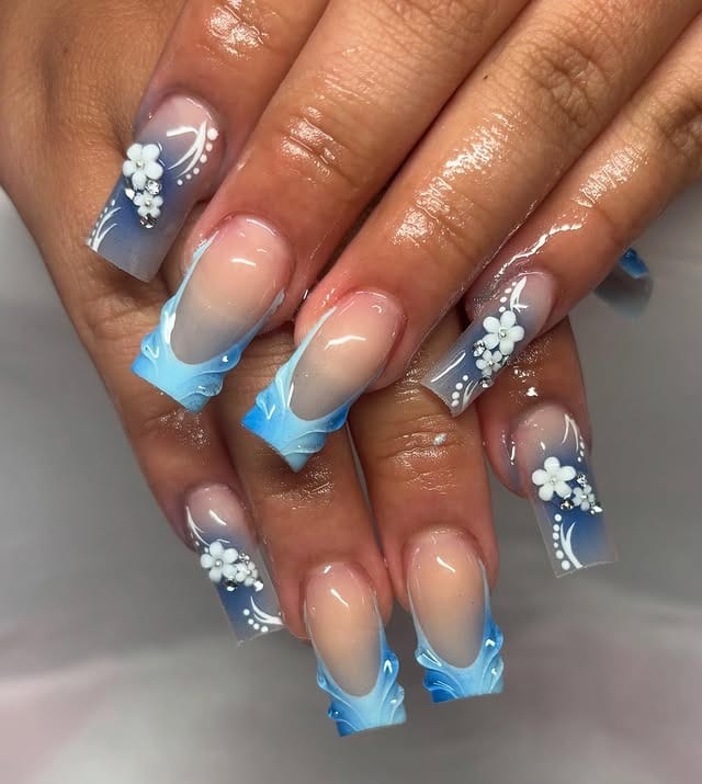 10. Blue Blossom Ombre French Nails - silver and blue nail ideas