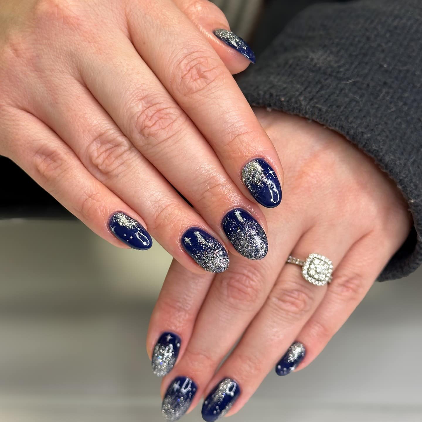 12. Starry Night Glam Nails - silver and blue nail ideas