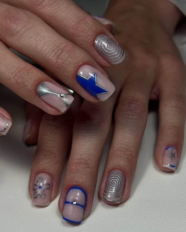 16. Abstract Silver Geometry Nails - silver and blue nail ideas