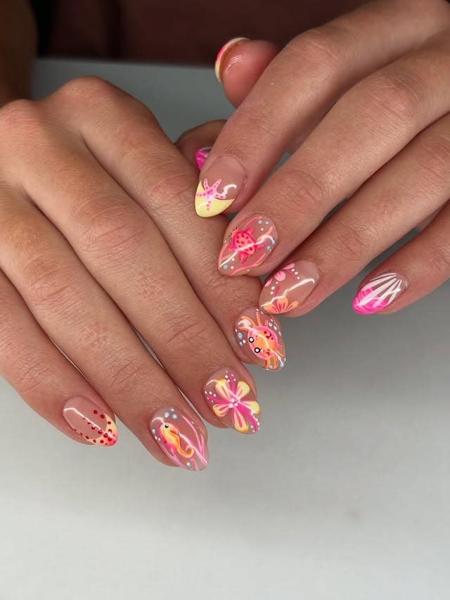 3. Sunset Coral Bliss - simple beach nail ideas