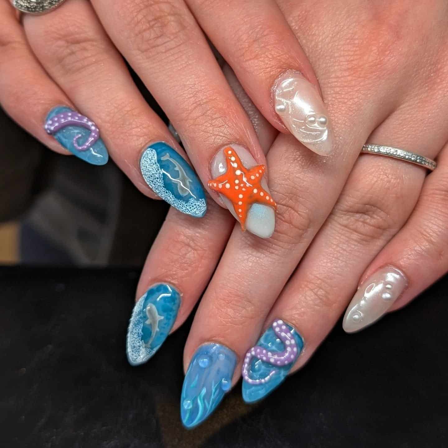 16. Marine Fantasy Nails - simple beach nail ideas