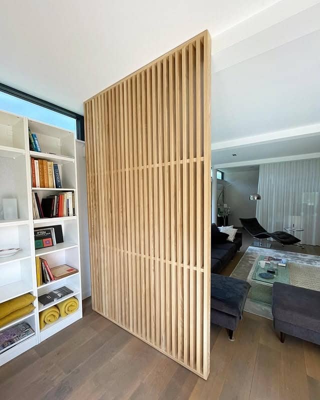 8. Vertical Slatted Wood Divider Panel - kitchen and living room divider ideas