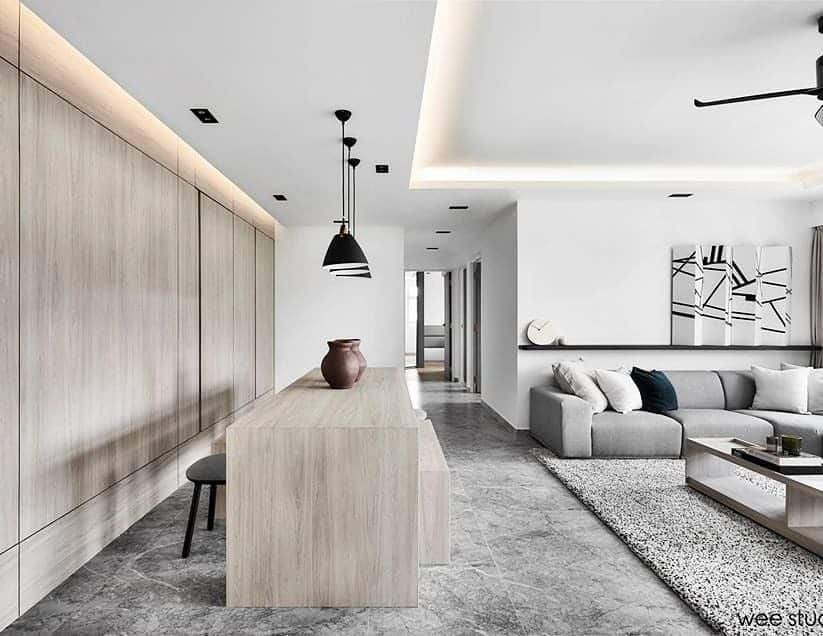 9. Minimalist Grey-Scale Open Living Concept - kitchen and living room divider ideas