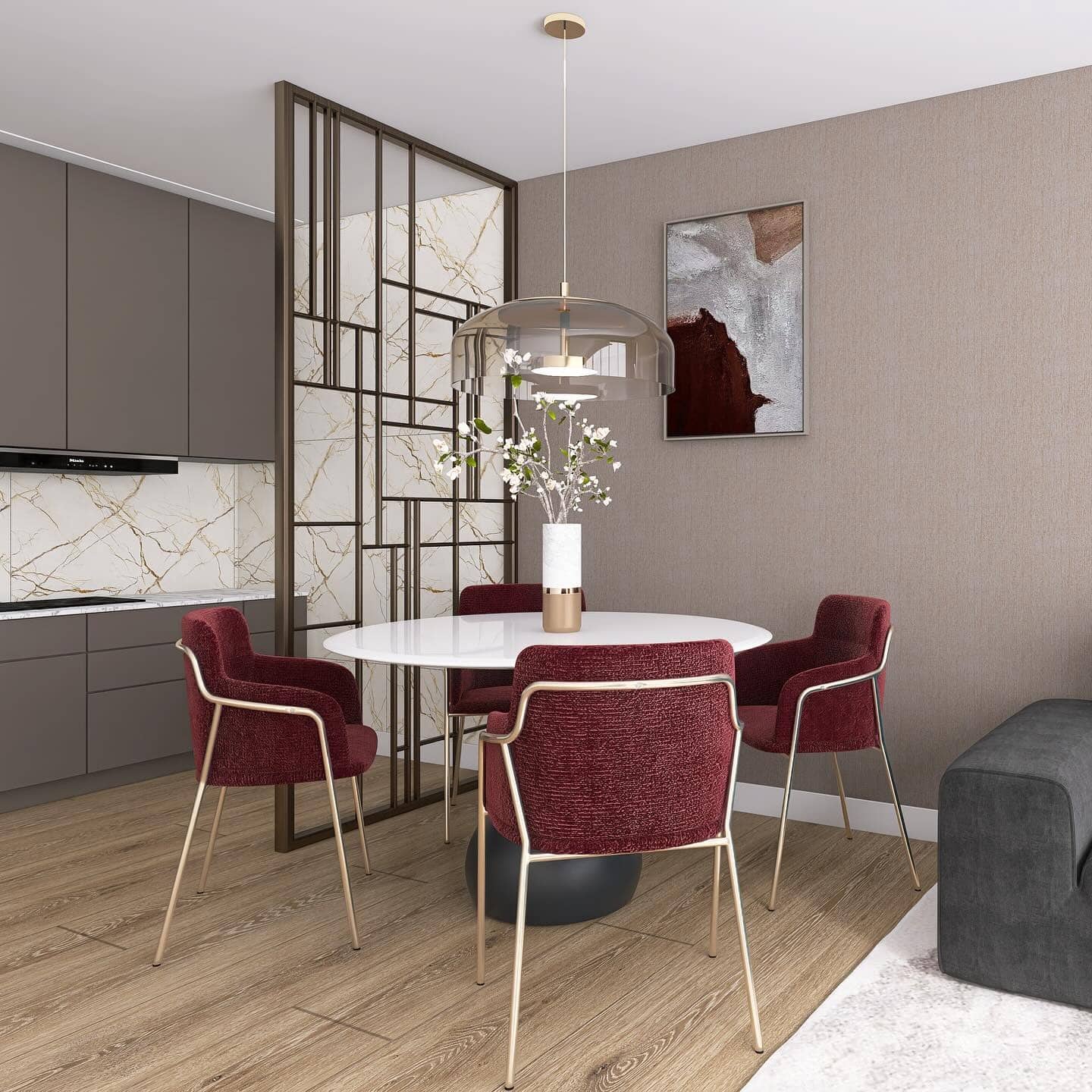 12. Burgundy and Marble Modern Divider - kitchen and living room divider ideas