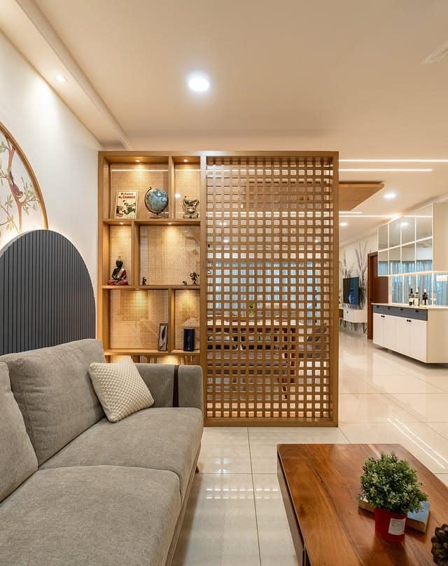 17. Wooden Grid Divider with Display Niche - kitchen and living room divider ideas