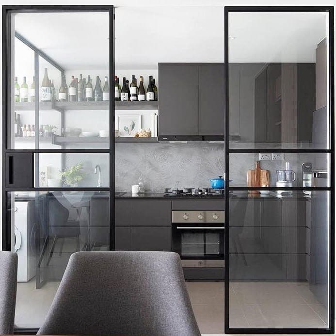 21. Modern Charcoal Glass Partition - kitchen and living room divider ideas