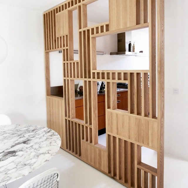 22. Geometric Oak Divider Wall - kitchen and living room divider ideas