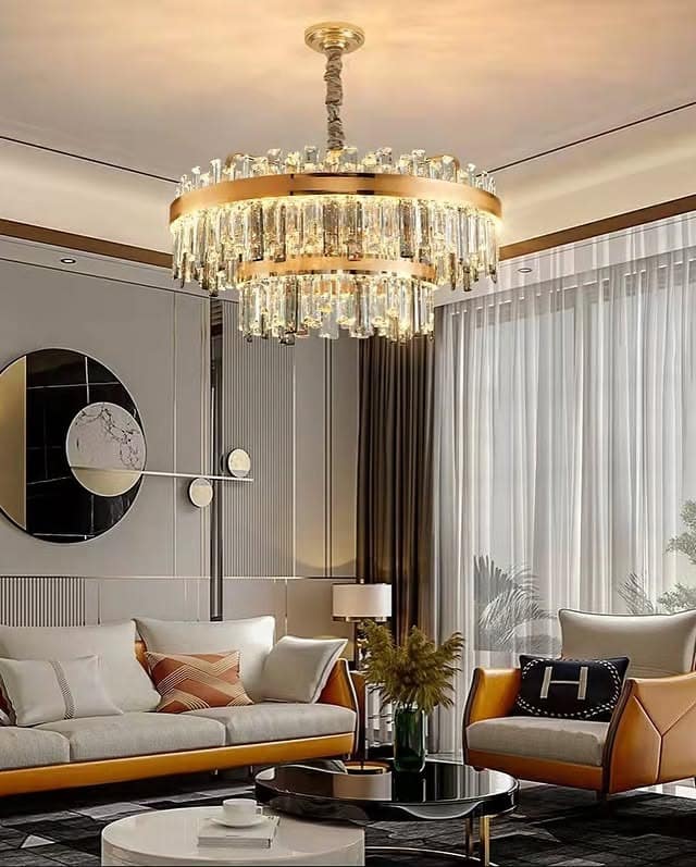 2. Golden Glamour with Crystal Layers - living room chandelier ideas