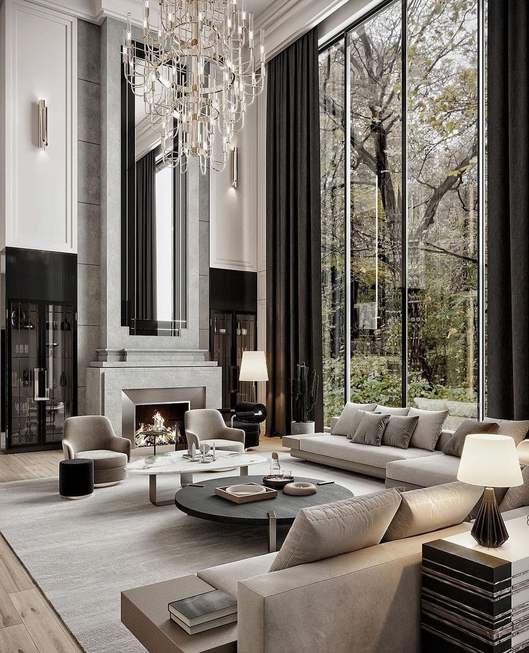 3. Modern Opulence Framed by Nature - living room chandelier ideas