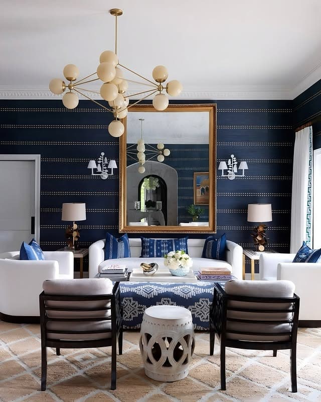 9. Classic Blue with Modern Geometry - living room chandelier ideas