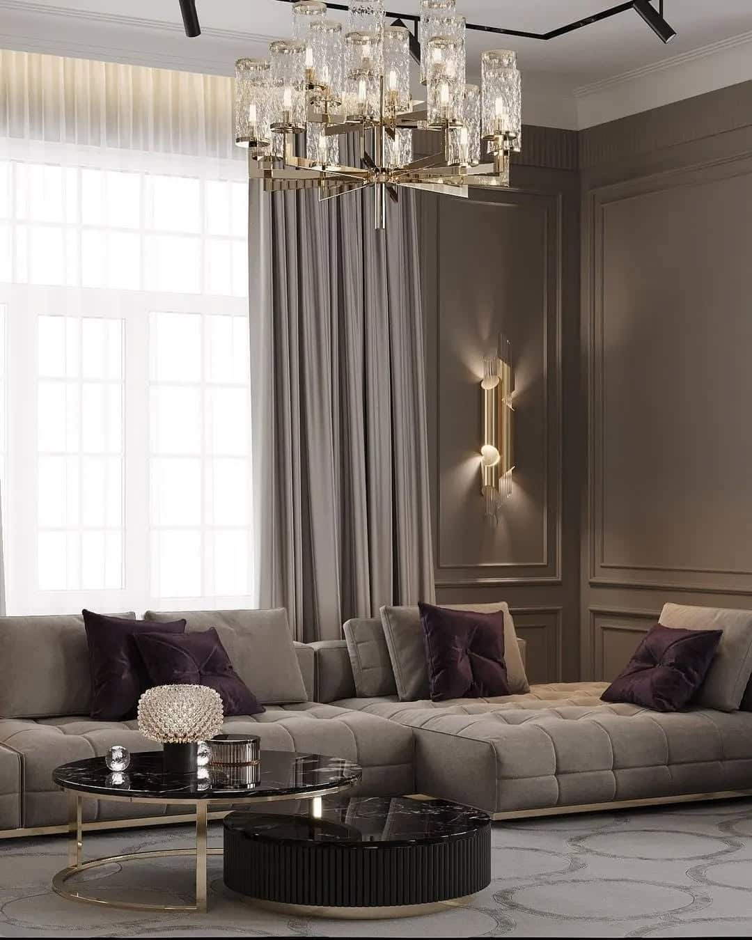 10. Refined Sophistication in Taupe and Gold - living room chandelier ideas