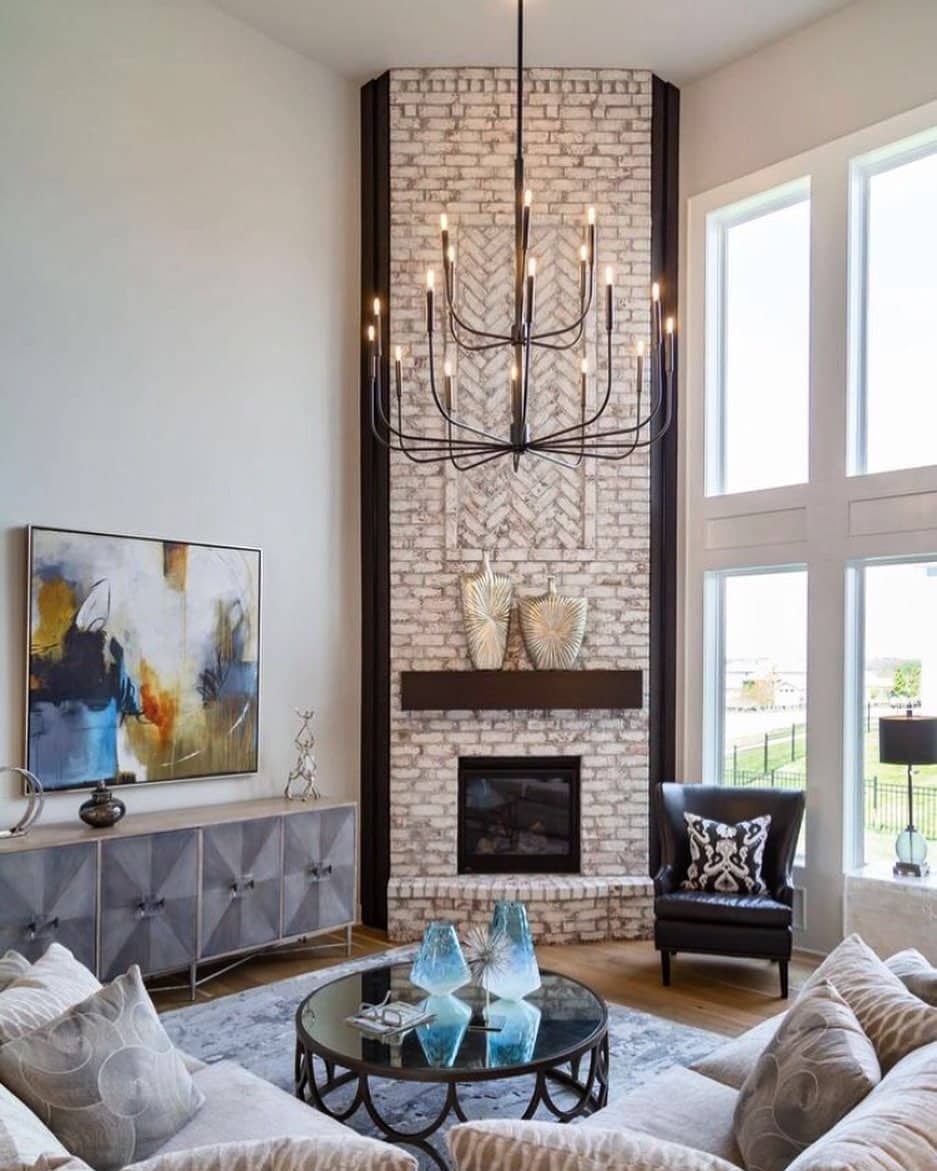 17. Contemporary Brick Harmony - living room chandelier ideas