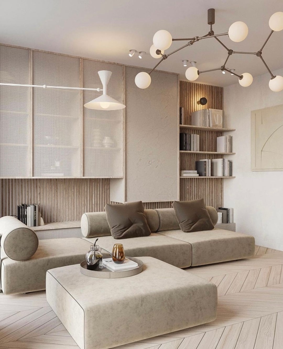 18. Soft Geometry in Warm Beige - living room chandelier ideas