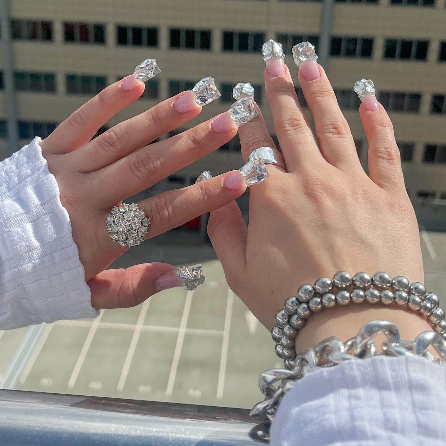 4. Ice Cube Crystal Nails with Minimal Pink Base - simple diamond nail ideas