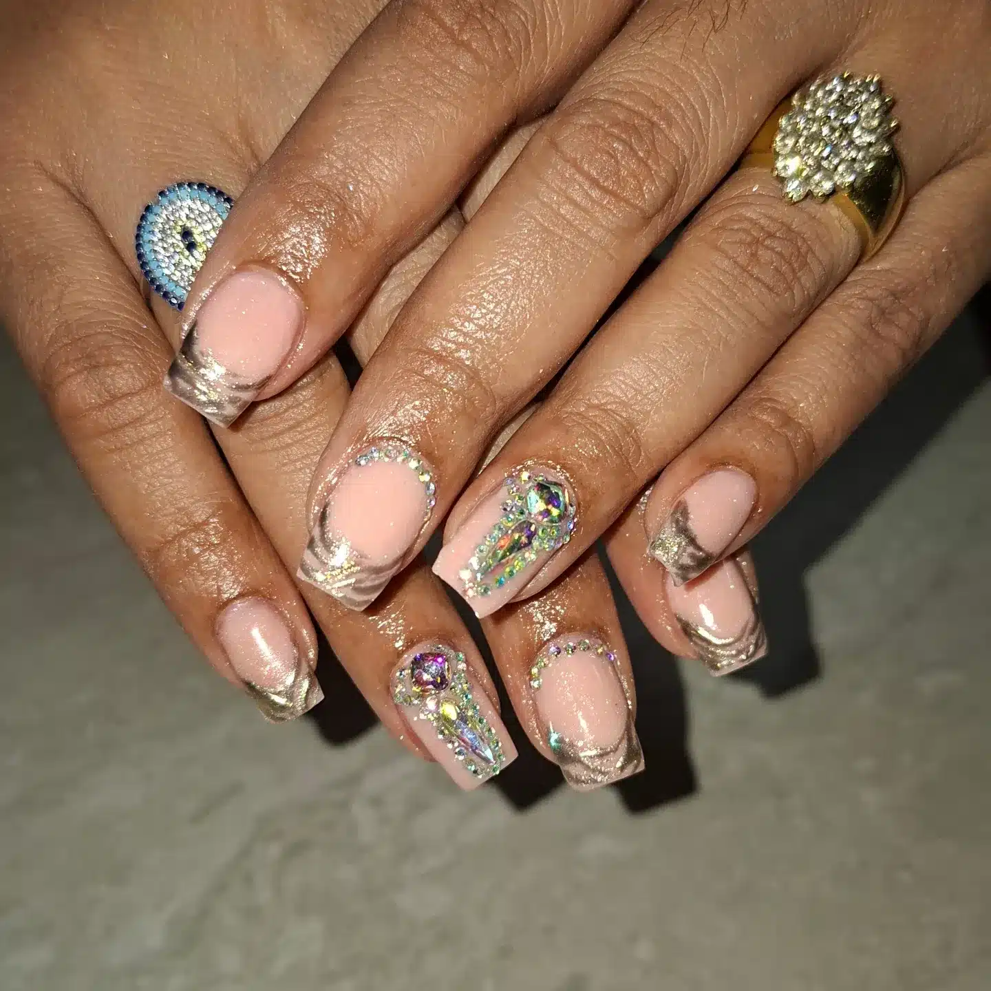 8. Square Crystal-Outlined French with Pink Glow - simple diamond nail ideas