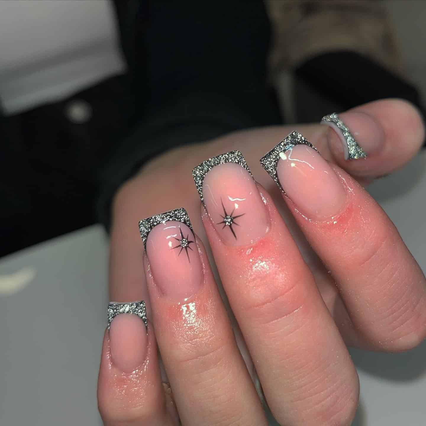 12. Silver Glitter French with Celestial Detailing - simple diamond nail ideas