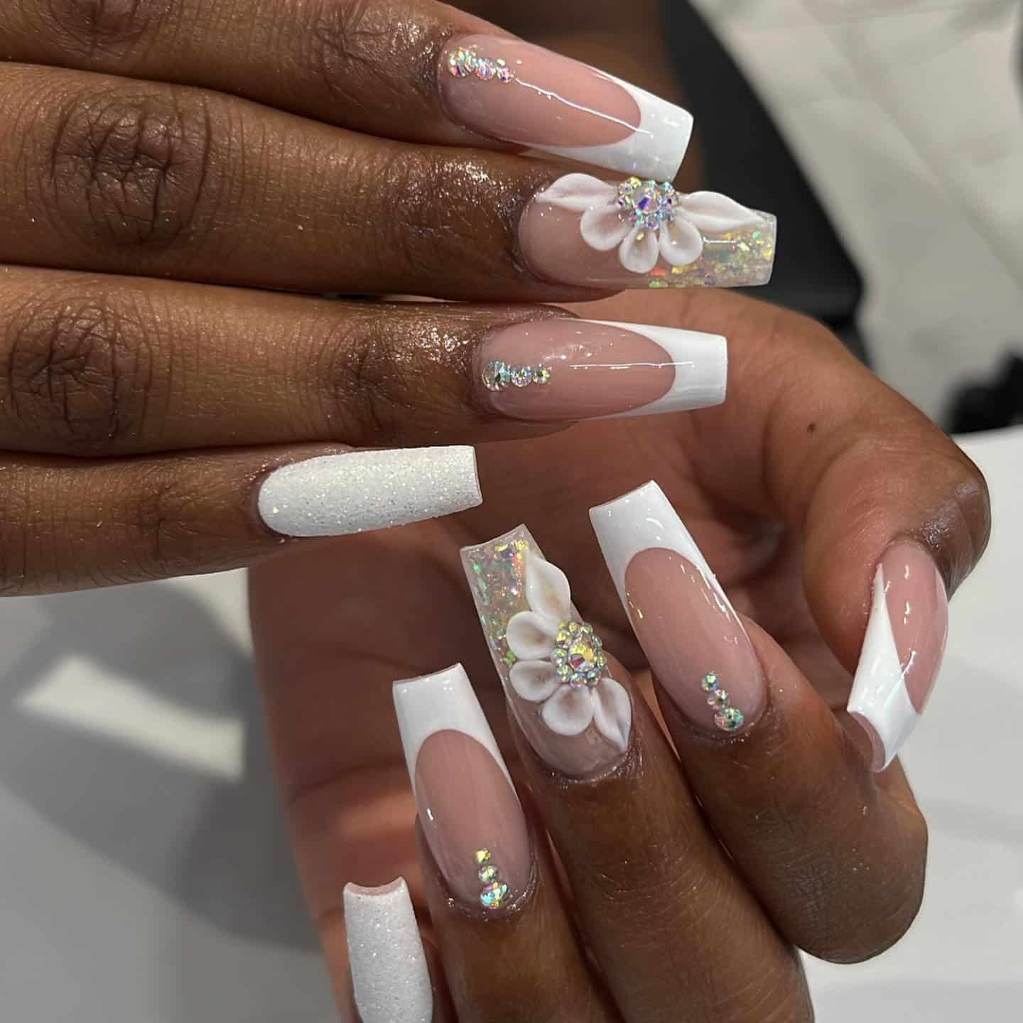 13. White 3D Floral French with Crystal Highlights - simple diamond nail ideas