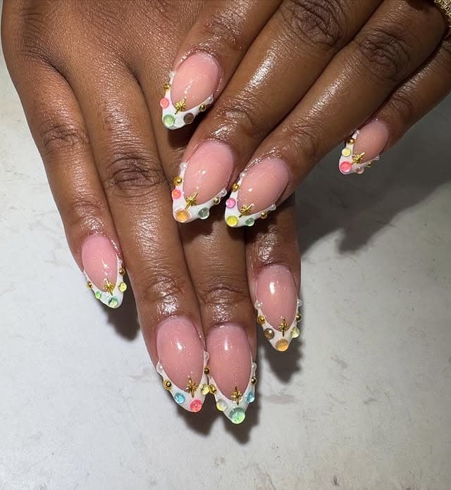 14. Pastel Jewel-Tipped French Design - simple diamond nail ideas