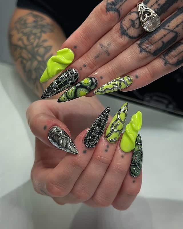 15. Neon Green and Chrome 3D Abstract Nails - simple diamond nail ideas