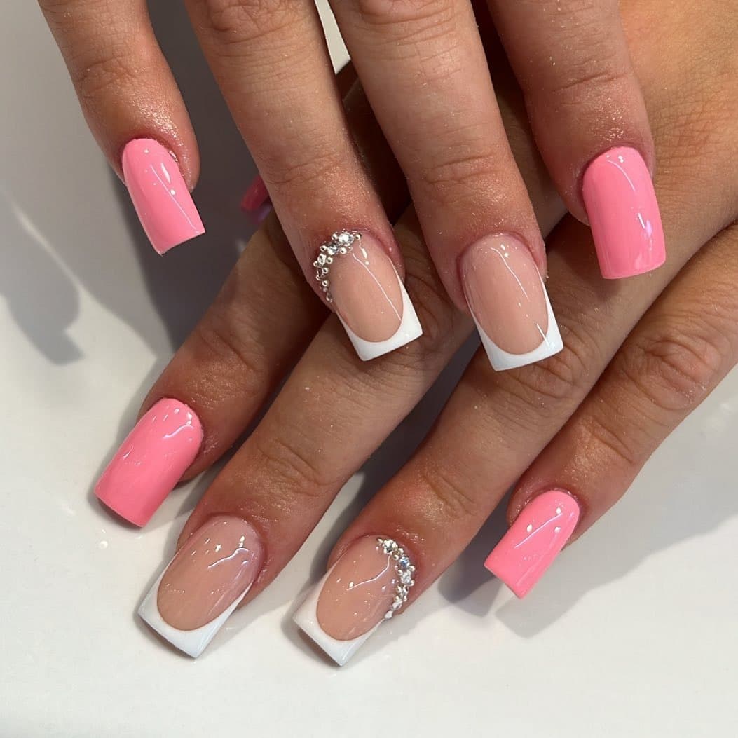 17. Pink and White Duo French with Rhinestone Curve - simple diamond nail ideas